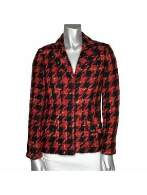 Vintage 90s Dara Lamb Houndstooth Boucle Tweed Blazer Pink Red Orange XS 0-2